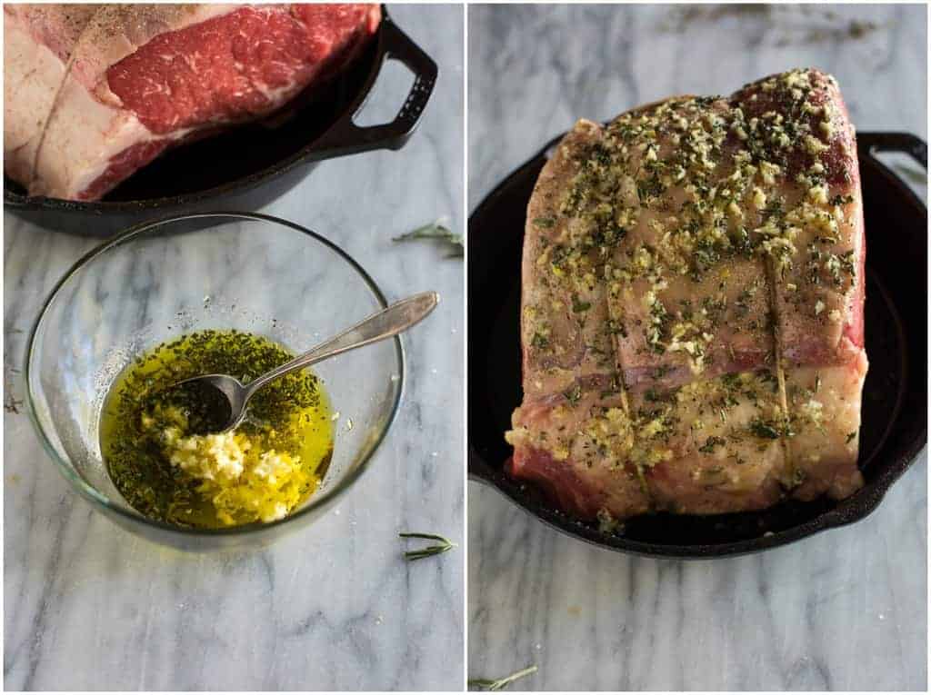 A small glass bowl with ingredients for seasoning prime rib next to another photo of a bone-in prime rib roast inside a cast iron skillet with the seasoning on top.