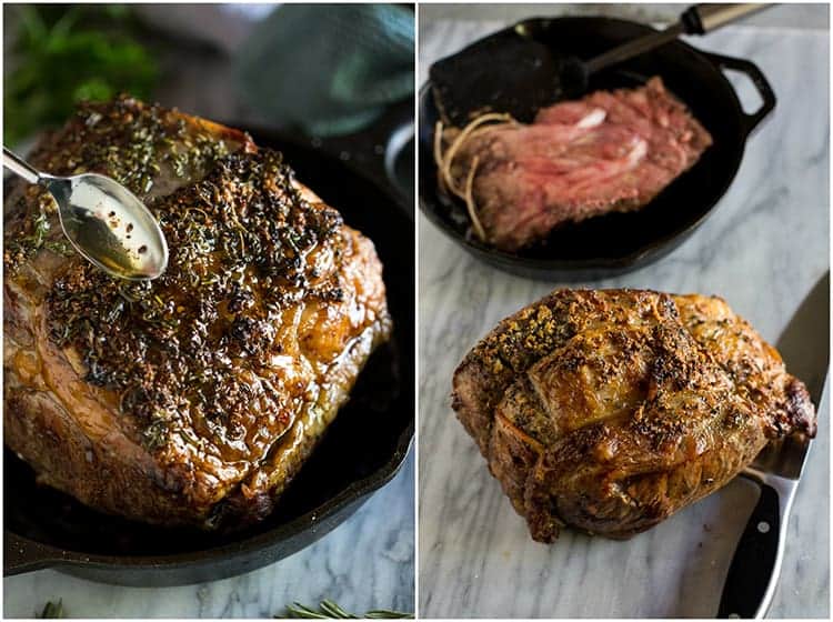 A seasoned and cooked prime rib in a cast iron pan with a spoon pouring the dippings over it, next to another photo of the prime rib removed from the pan, leaving the bones behind in the skillet. 