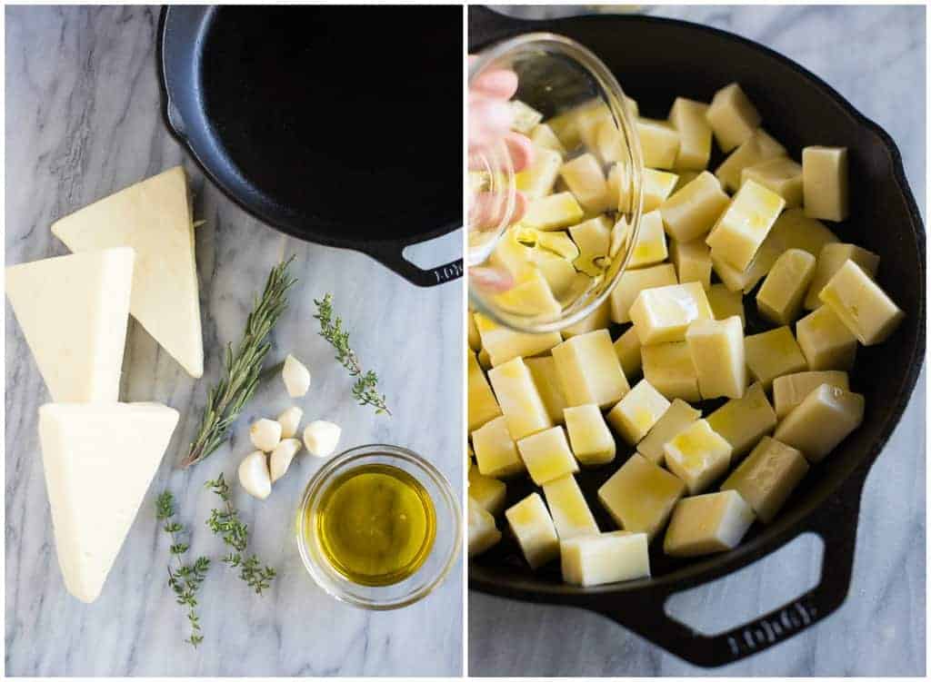 The ingredients needed for baked fontina including wedges of fontina cheese, cloves of garlic, olive oil and fresh herbs next to another photo of a cast iron skillet with cubes of fontina cheese and olive oil being drizzled on top.
