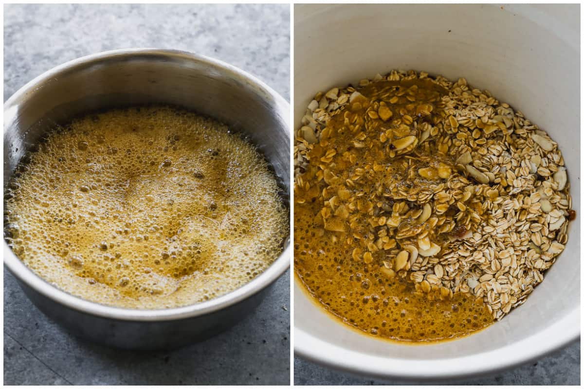 Two process photos for making syrup for homemade granola in a saucepan, and the syrup poured over dry granola ingredients in a mixing bowl. 