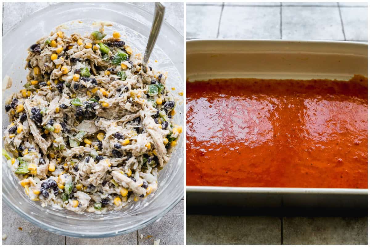 Two images showing how to make enchiladas with rice and chicken by mixing shredded chicken, black beans, corn, and other veggies in a creamy sauce then spreading a layer of red enchilada sauce in a pan.