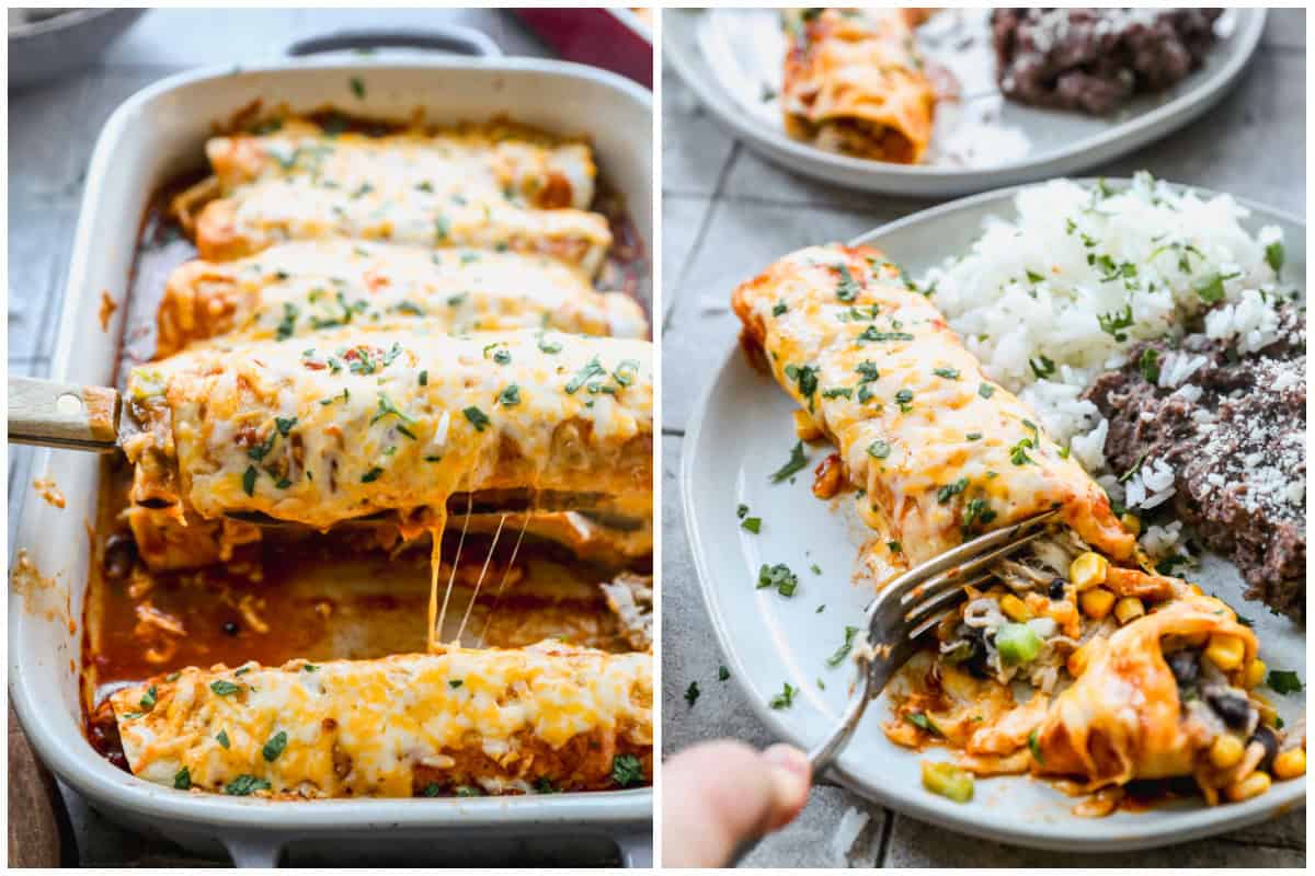 Two images showing chicken and rice enchiladas in a pan with one of them being lifted from the pan then served on a plate with cilantro rice and beans, with a fork cutting into it.