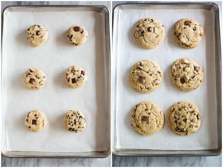 Two side-by-side photos of a baking sheet with six large balls of chocolate chip cookie dough, and the other baking sheet with the baked cookies.