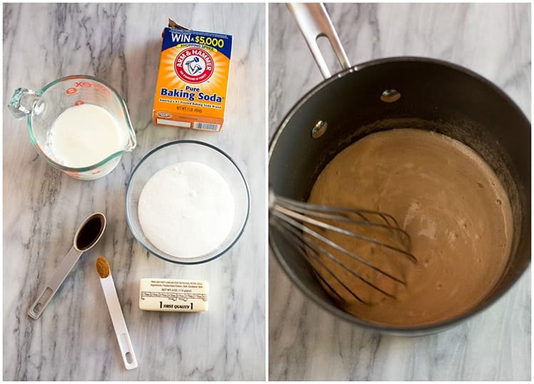 Side by side photos of the ingredients needed to make pancake syrup, and the syrup cooking in a saucepan with a whisk.