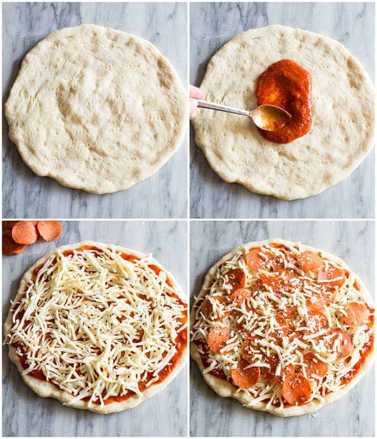 Process photos for making pepperoni pizza including a homemade crust, topped with sauce, cheese, and pepperoni.