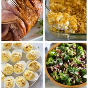 Easter Dinner Menu that includes ham, cheesy potatoes, broccoli salad, fruit salad and deviled eggs.
