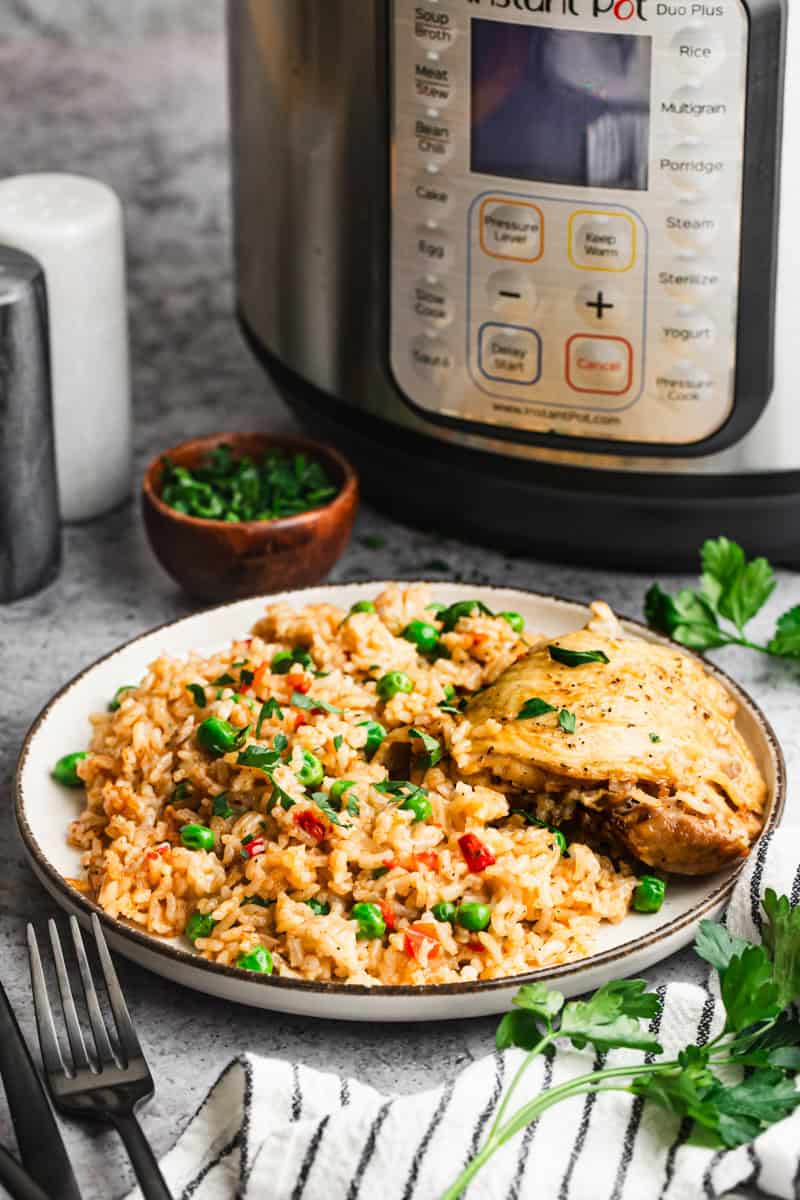 This easy Instant Pot Chicken and Rice recipe is truly so easy with dumping everything in one pot. It has bold spices, veggies, rice, and chicken for a complete meal.