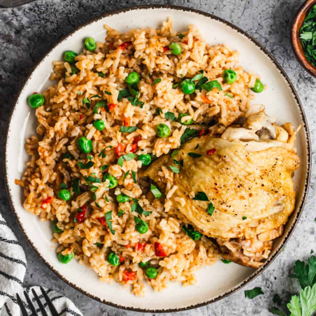 This easy Instant Pot Chicken and Rice recipe is truly so easy with dumping everything in one pot. It has bold spices, veggies, rice, and chicken for a complete meal.