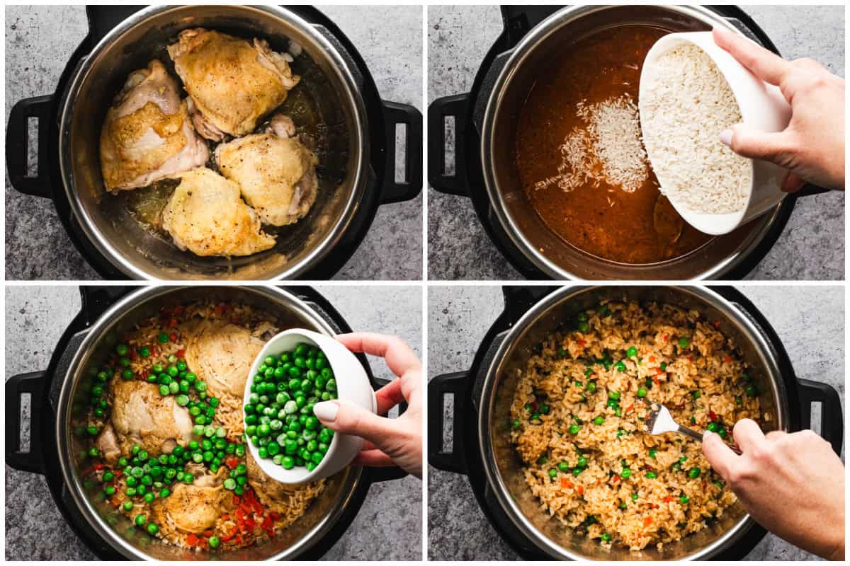 Learn how to make Instant Pot Arroz con Pollo by searing juicy chicken thighs then dumping the rice and the rest of ingredients for a flavorful and hearty meal ready in under 30 minutes!