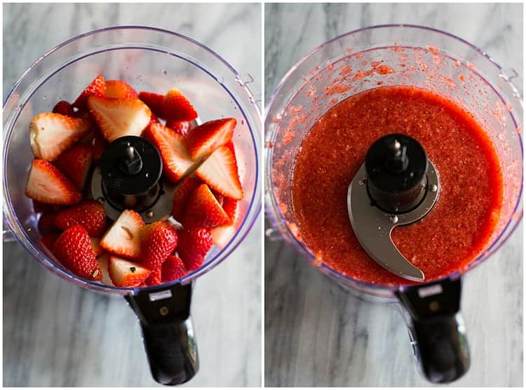 Sliced strawberries in a food processor next to another photo of the strawberries after pureed in the food processor. 