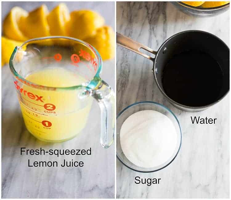 A liquid measuring cup with fresh squeezed lemon juice next to another photo of a saucepan with water and clear bowl with sugar to make homemade lemonade.