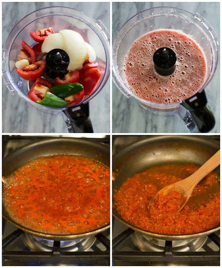 A food processor with tomatoes, onion and jalapeno raw, then blended, poured into a skillet and reduced into a salsa.