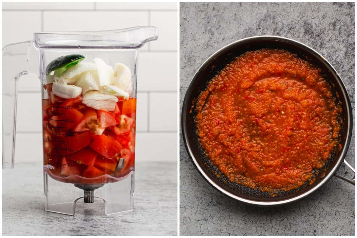 Two images showing how to make homemade Salsa Roja by blending all of the ingredients in a blender then simmering it in a pan until thickened.