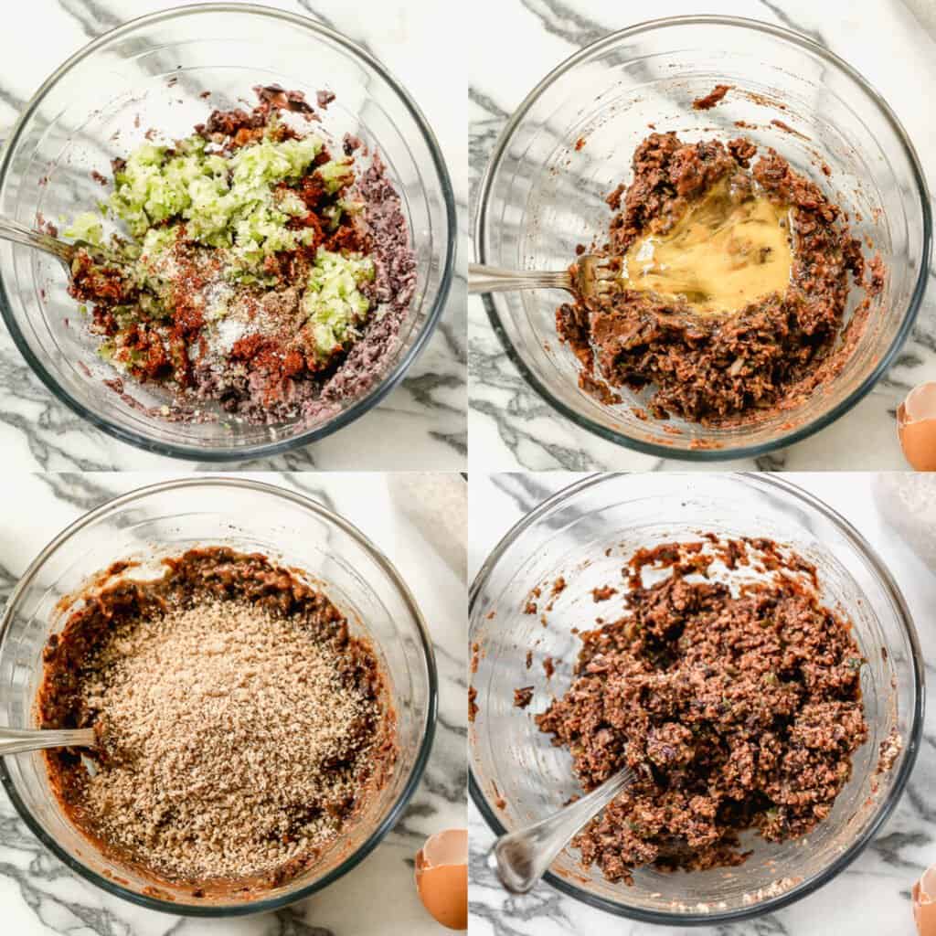 Four process photos for making black bean burger mixture.