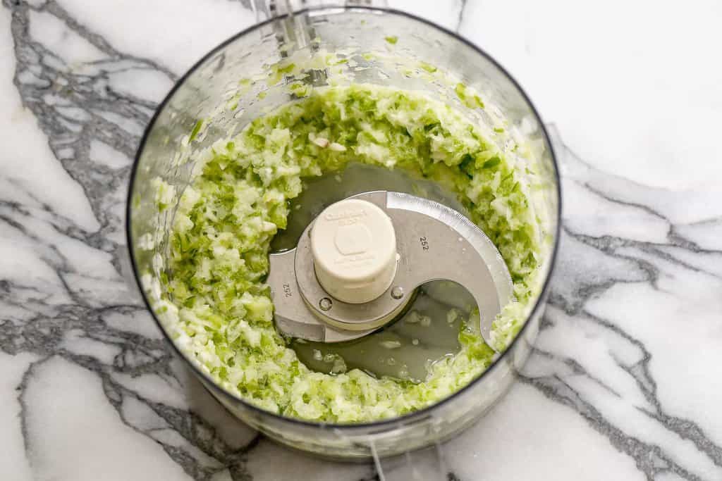 Bell pepper, onion and garlic pureed in a food processor