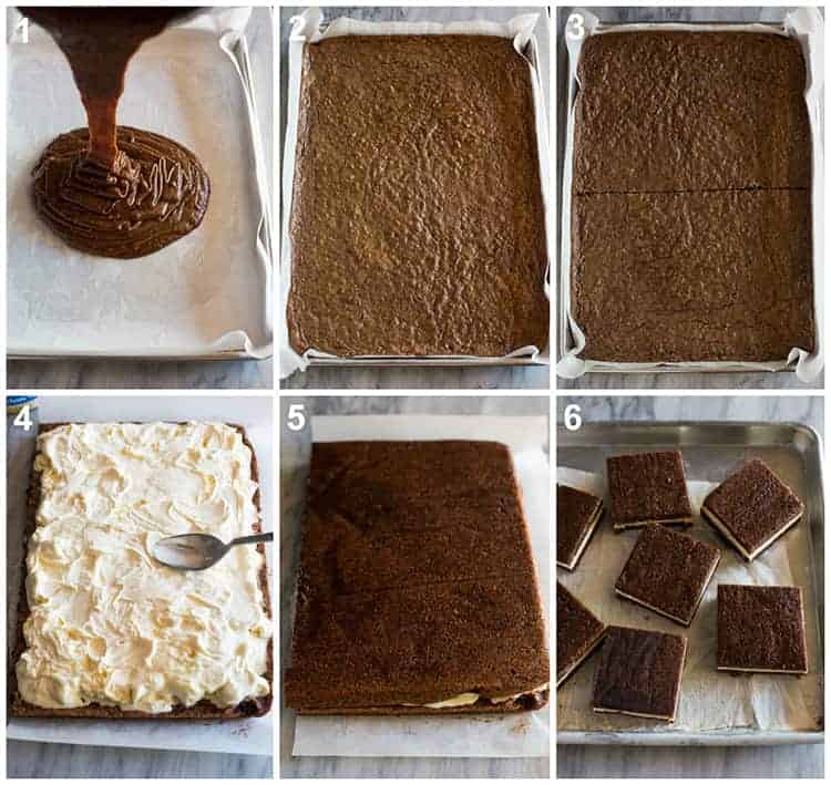 Brownie batter poured into a sheet pan, baked, the brownies cut in half, ice cream spread over on half, the other half placed on top, and the brownie ice cream sandwich cut into squares.