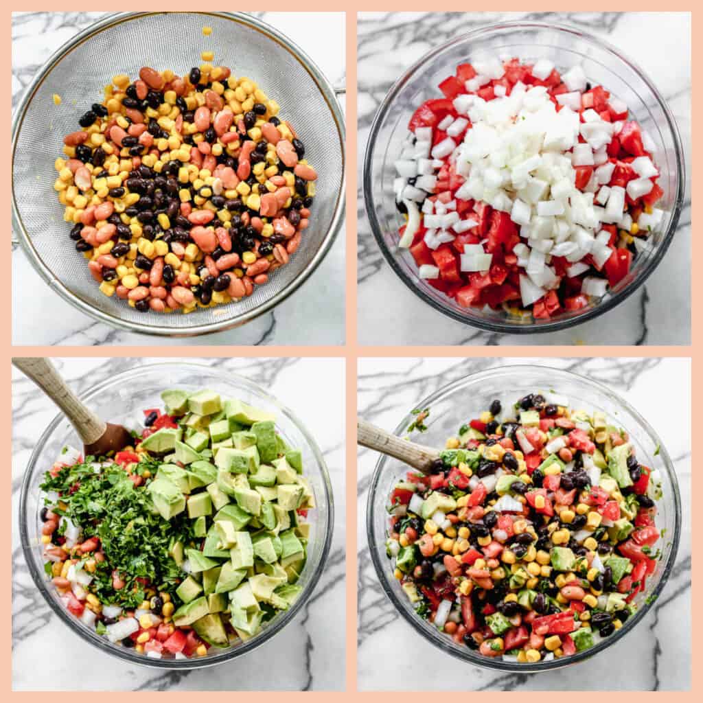 A collage showing four process photos of how to make Cowboy Caviar.