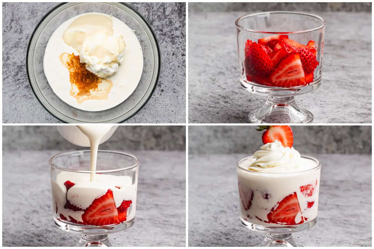 Four process photos of how to make fresas con crema, starting with mixing the cream sauce in a bowl. strawberries in a cup, and the cream poured on top. 