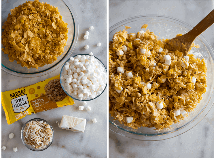 A bowl of cornflakes, marshmallows, package of butterscotch chips, butter, and bowl of toasted coconut on a board, next to another photo of the ingredients combined in a mixing bowl to make cereal bars.