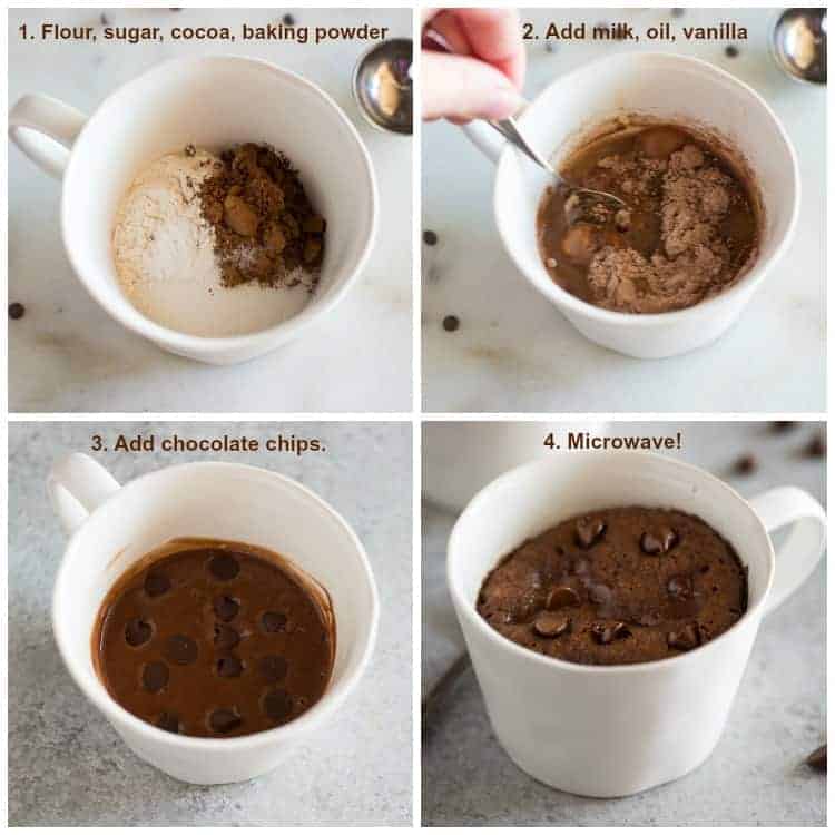 Four process photos for making chocolate mug cake.