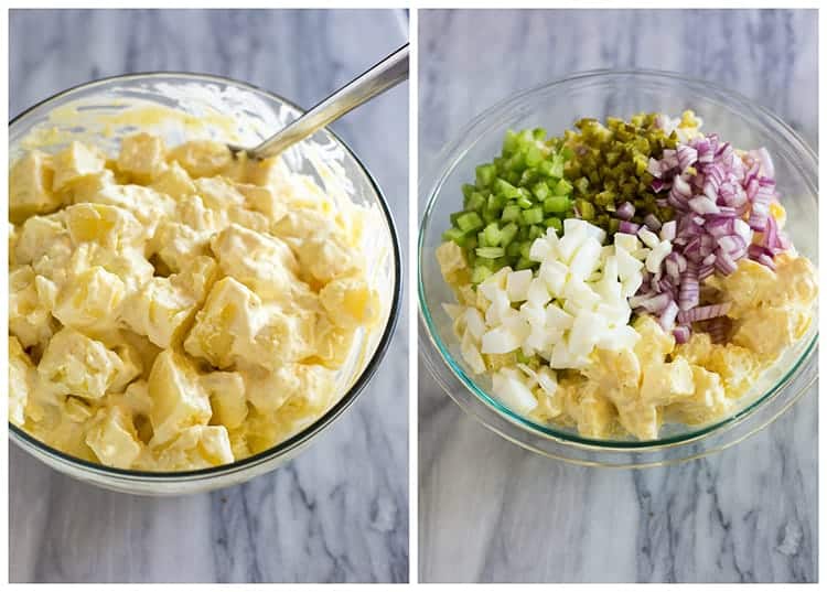 A clear bowl with potato chunks in sauce, next to an overhead photo of the bowl with chopped egg, onion, pickle and celery added on top to make potato salad.