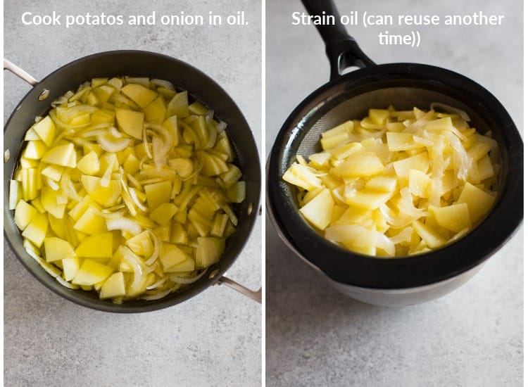A skillet with sliced potatoes and onion in oil, next to another photo of the cooked potato and onion in a fine mesh strainer placed over a metal bowl.
