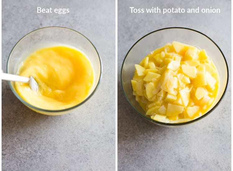 Eggs being beaten with a fork in a small clear bowl next to another photo of the beaten eggs combined with cooked slices of potato and onion in a bowl.