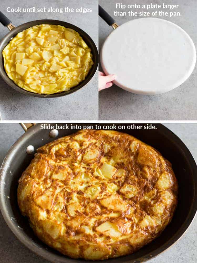 Three process photos with text overlay for cooking tortilla de patata in a skillet, flipping it onto a white plate and cooking it in the skillet on the other side.