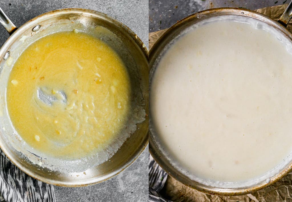 Two process photos of making a roux for soup, from butter and flour.