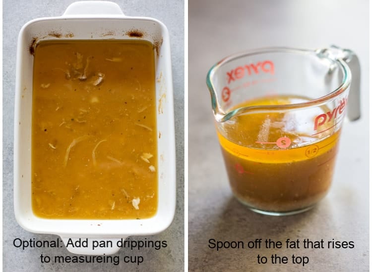 A baking pan with the drippings in it from a roasted chicken, next to another photo of the drippings in a liquid measuring cup.