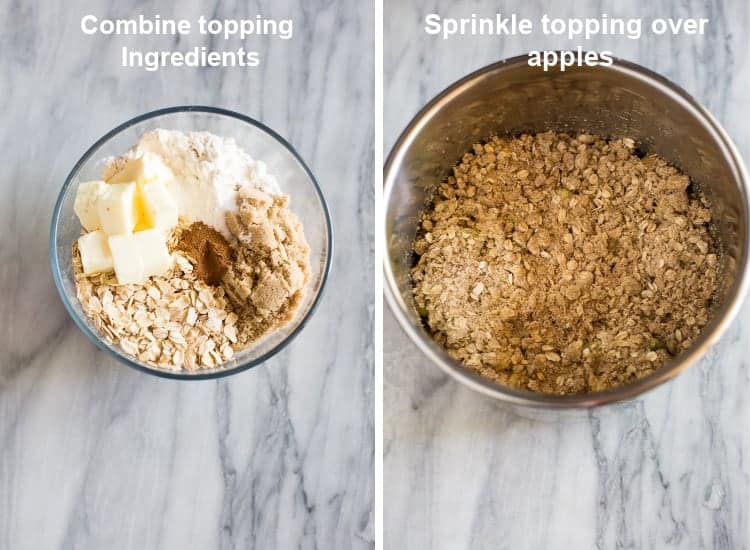 The ingredients for crumb topping for apples crisp, in a bowl, next to another photo of the topping sprinkled over chopped apples in an instant pot.