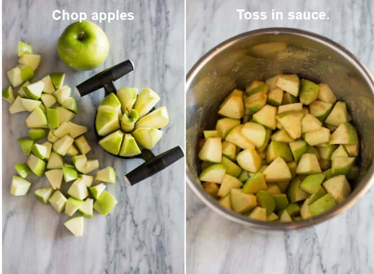 Chopped green apples on a board with a handheld apple cutter and whole apple next to them.