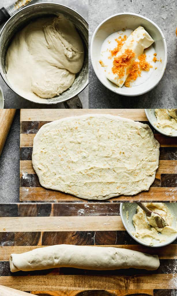 Quatre photos de processus pour faire la pâte pour les rouleaux d'orange.