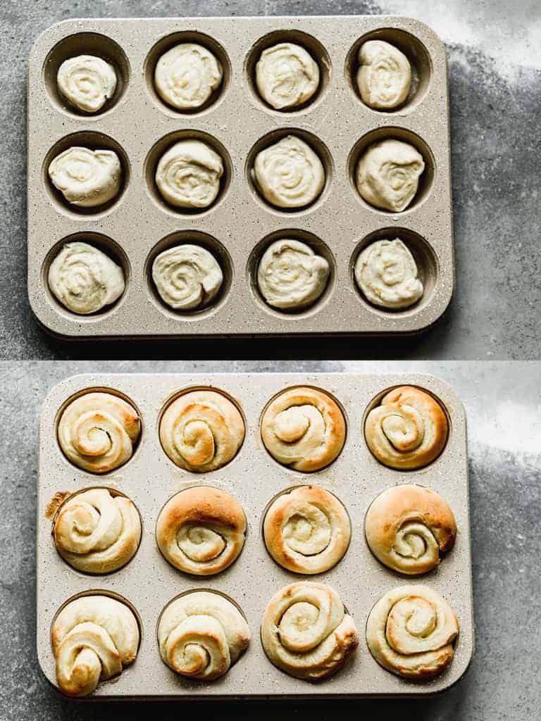 Before and after photo of orange rolls dough in a muffin tin and then baked.