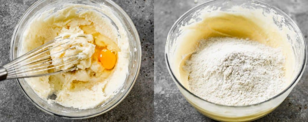 Two process photos of rum cake batter being mixed in a bowl.