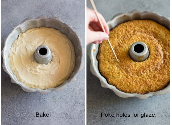 Side by side photos of a bundt pan with cake batter for a rum cake, and then the baked cake and a hand poking holes in it with a skewer.