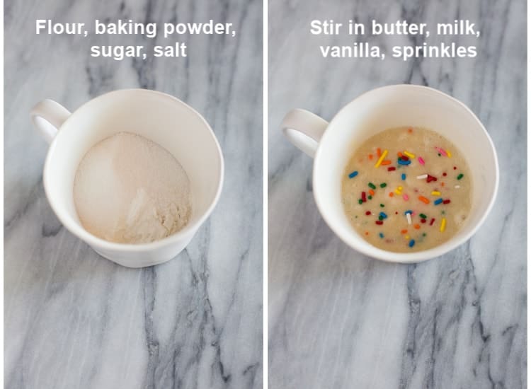 A white mug with flour, baking powder and sugar in it, next to another photo of the mug with vanilla cake batter and sprinkles in it.