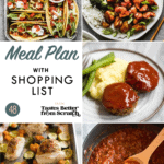 A collage of 5 dinner reipe images comprising a weekly meal plan.