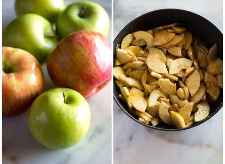 Honey crisp and granny smith apples on a white marble board next to another photo of the peeled and sliced apples in a saucepan with spices.