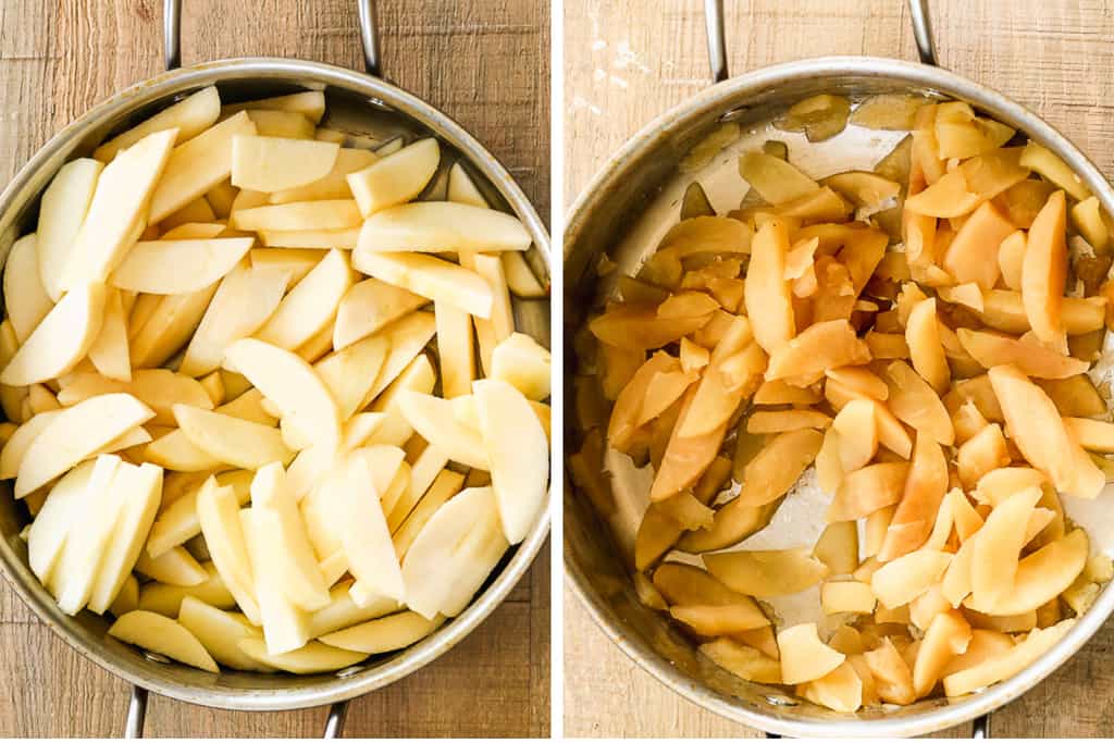 Two process photos of a pot full of sliced apples uncooked, then cooked.