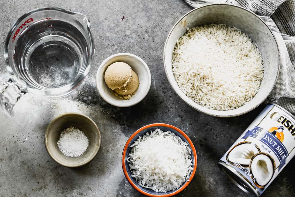 The ingredients needed to make a coconut rice.