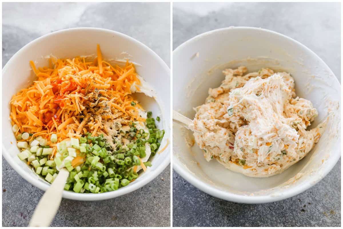 Two images showing cream cheese, cheddar cheese, green onions, and spices before and after it's combined for a simple cheese ball recipe.