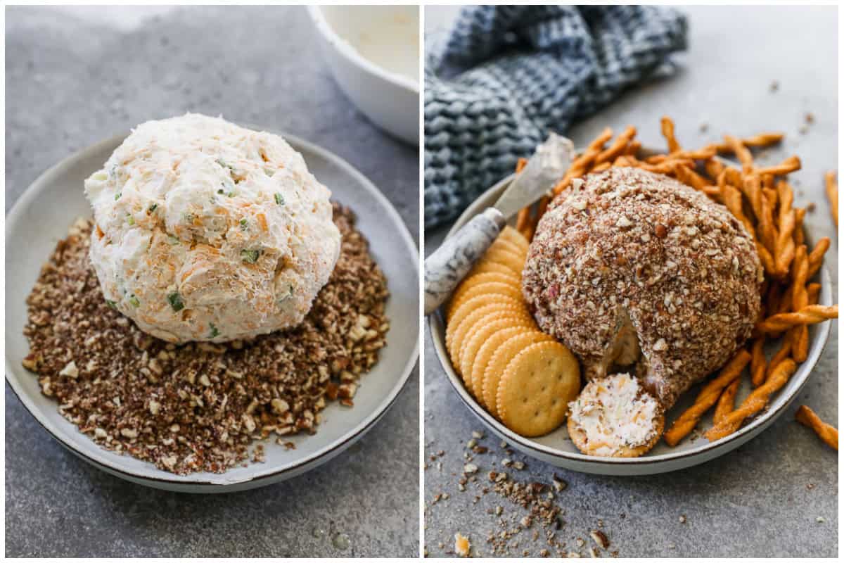 Two images showing how to make a cheese ball by forming a cream cheese mixture into a ball then pressing chopped pecans around the outside.