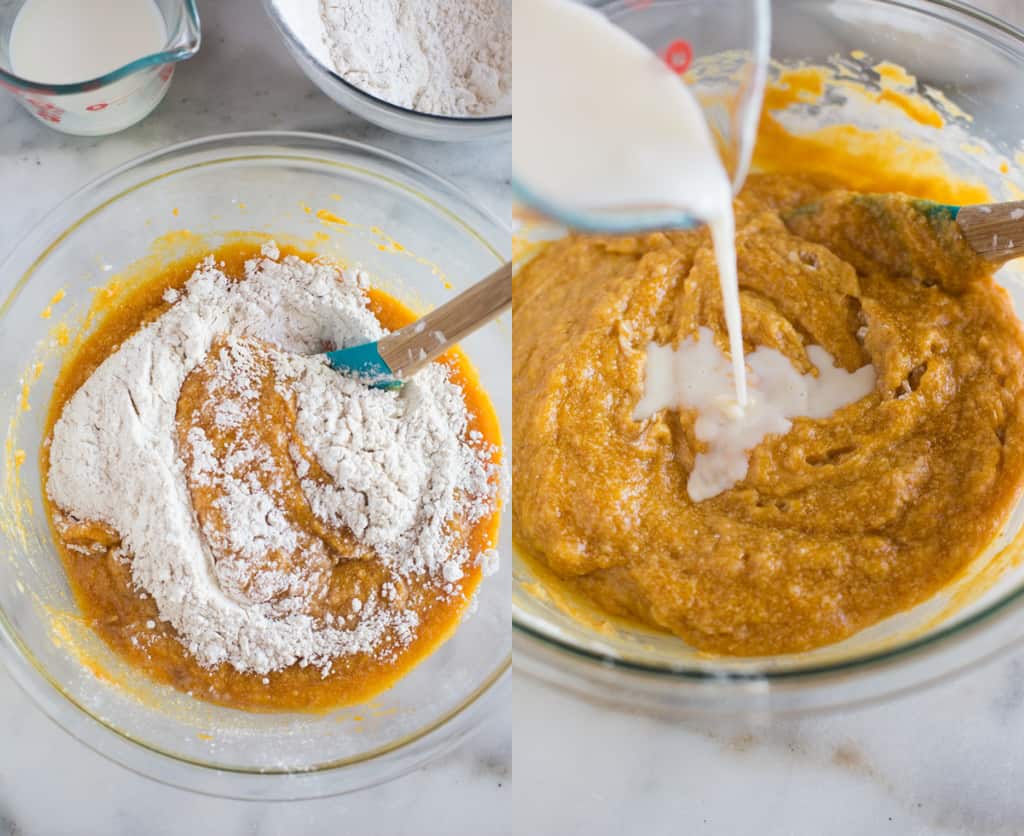 Two process photos of flour, then milk being added to pumpkin bread batter.