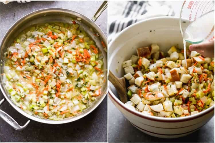 Tumis wajan dengan sayuran cincang dan mangkuk dengan sayuran, kubus roti kering dan kaldu ayam yang dituangkan.