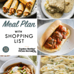 A collate of dinner recipe images comprising a weekly meal plan.