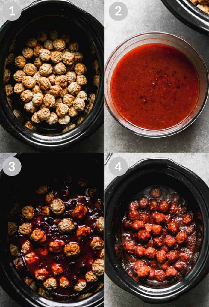 Four process photos for making BBQ meatballs including frozen meatballs in crockpot, sauce made, poured on top, and cooked.