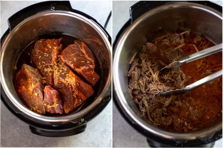 Pieces of a roast in an instant pot next to another photo of the instant pot with cooked and shredded beef.