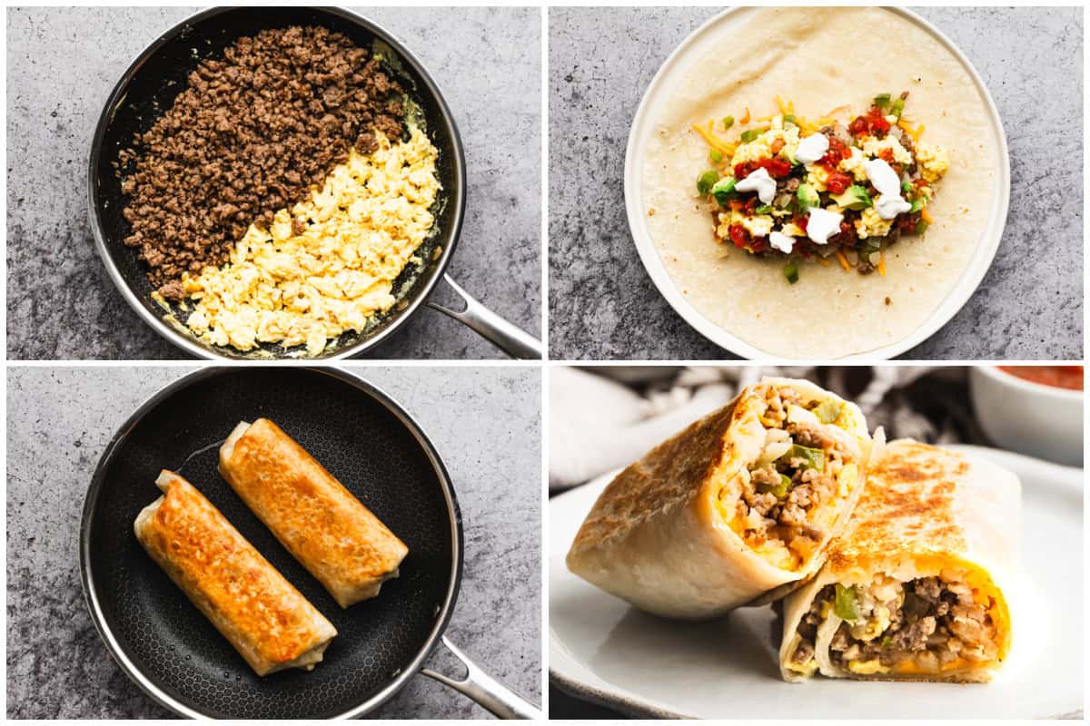 The best Breakfast Burritos recipe is loaded with protein from eggs and sausage, along with hashbrowns, bell peppers, and onions. Freeze them or crisp them up on a pan and enjoy immediately!