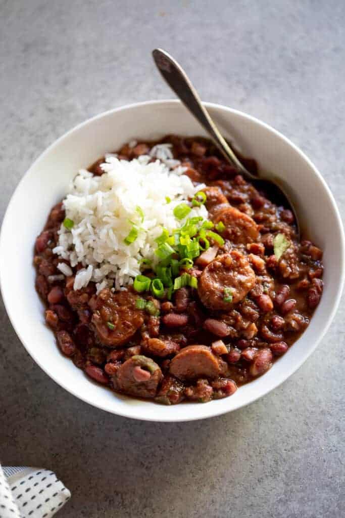 A bowl of cajun red beans and white rice that was cooked in the Instant pot.